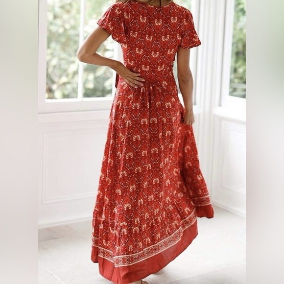 Women’s Pretty Garden Wrap Around Dress Boho Red Floral Flutter Sleeve Medium - Picture 14 of 16